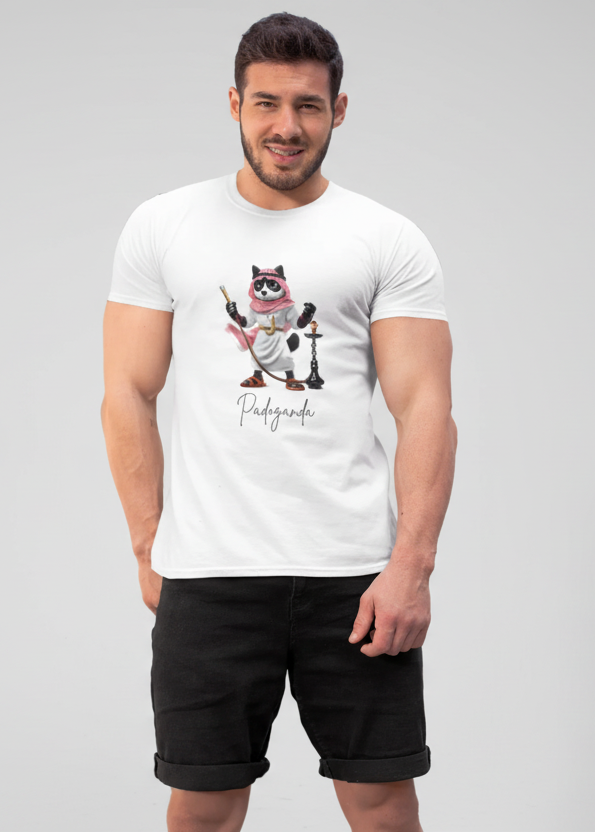 Man wearing a white t-shirt with and black denim short with smokey padoganda design outdoors